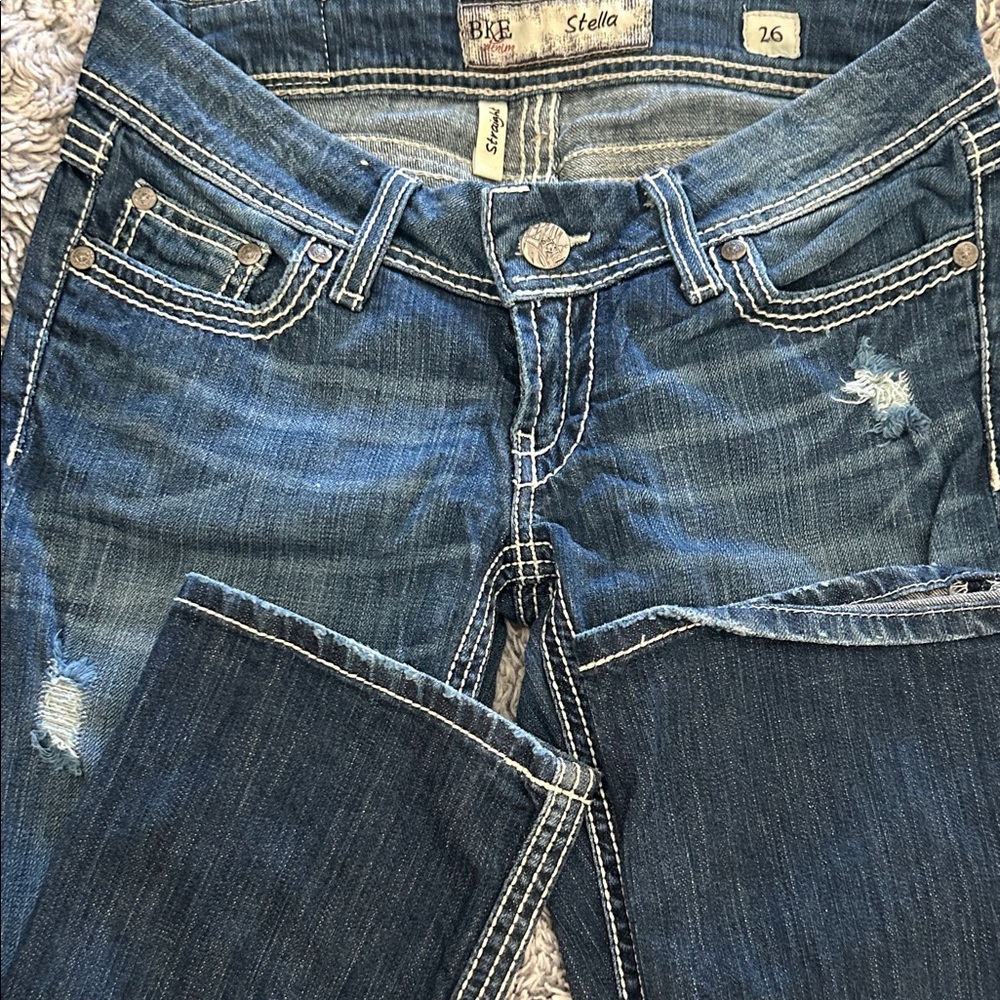 BKE Stella Women's Dark Blue Distressed Straight Jeans